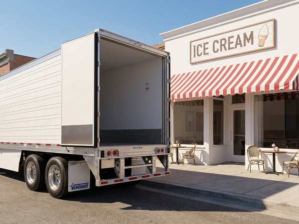 White Vanguard reefer trailer parked in front of an ice cream parlor on a sunny day