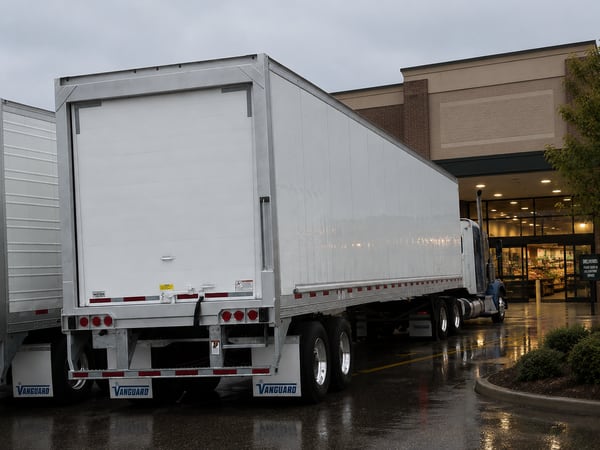 Vanguard reefer with its roll-up door open, backed into a retail storefront on a wet delivery day